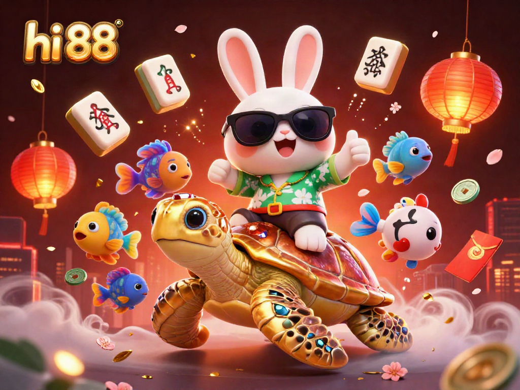 Win with hi 88 as a lucky rabbit celebrates aboard a golden sea turtle amid festive casino elements.