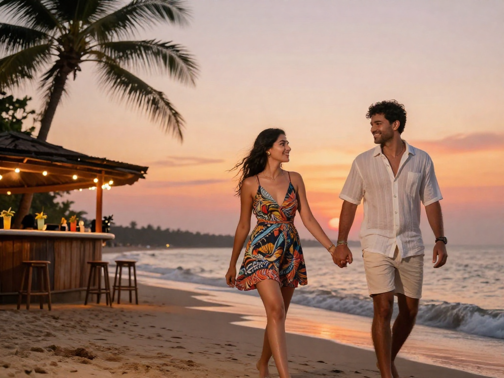 Beautiful young woman walking on Goa beach at sunset, showcasing the escort service in Goa vibe.