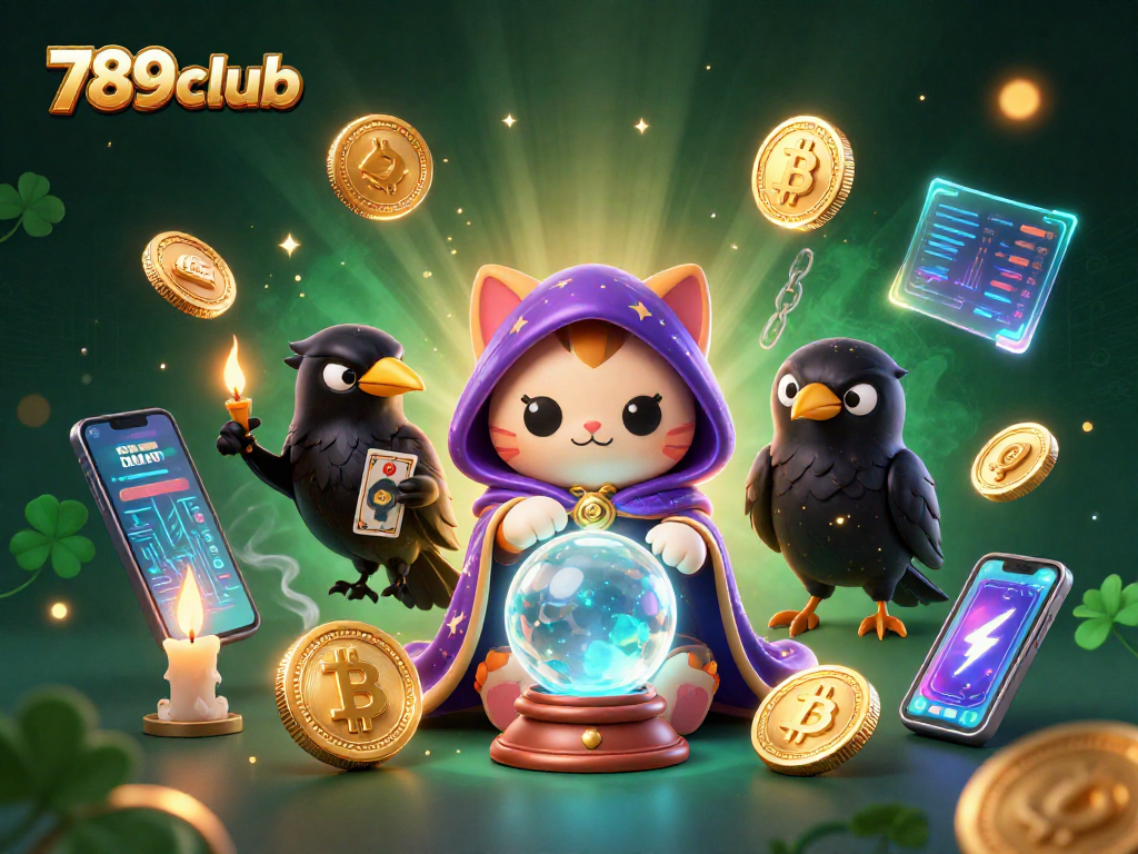 Win big with 789club as animated fortune teller and mystical raven in a vibrant casino scene.