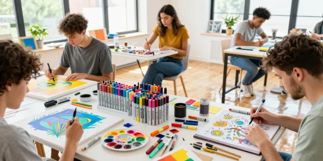 Artists collaborating using marker pens in a bright art studio, showcasing marker pen supplier diversity.