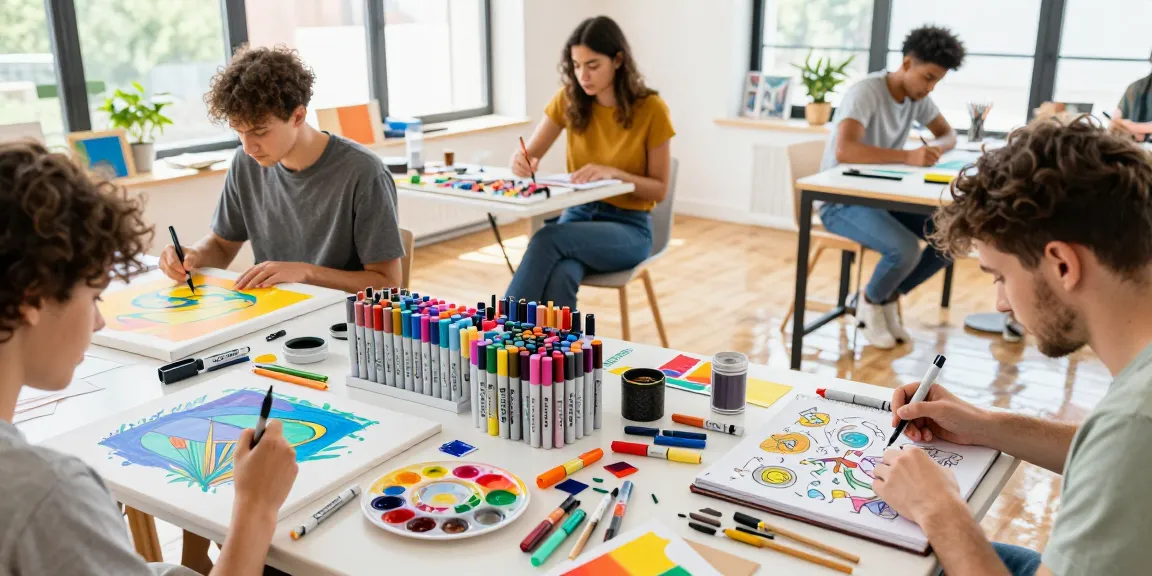 Artists collaborating using marker pens in a bright art studio, showcasing marker pen supplier diversity.