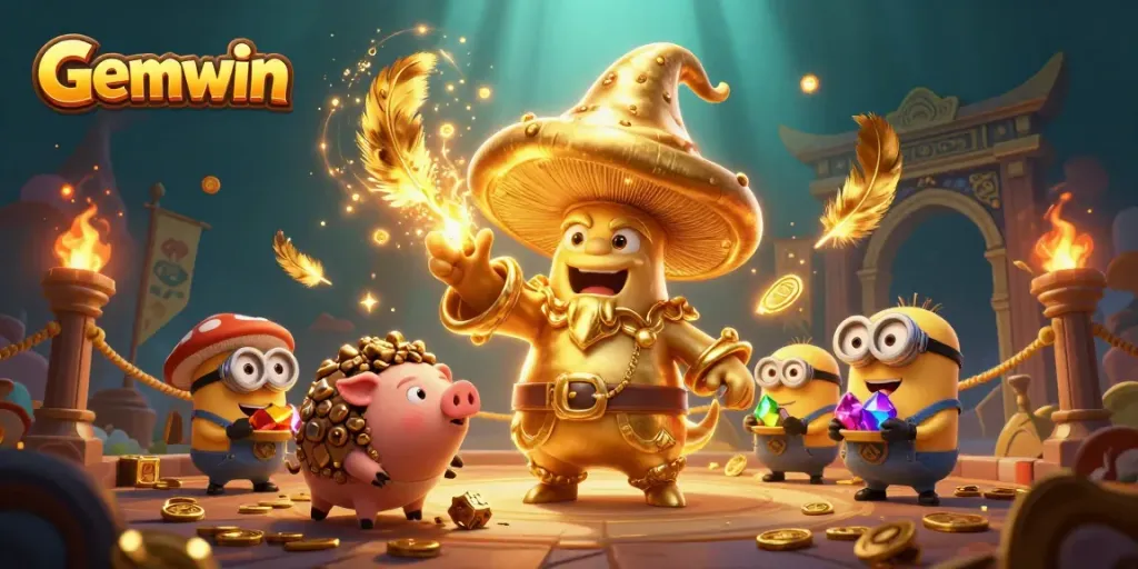 Experience Gemwin's casino magic with whimsical characters and vibrant gaming elements in an enchanting scene.