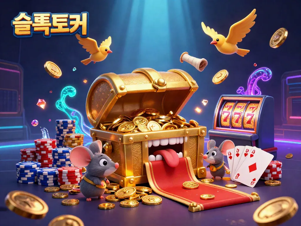 Experience thrilling slot gameplay with 슬롯토커 as the treasure chest entices lucky adventurers among vibrant casino elements.