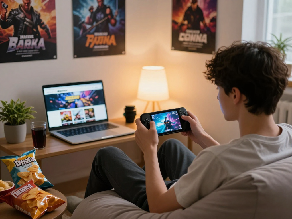 Engaging scene of a young person absorbed in playing a porn game in a cozy gaming corner with snacks.