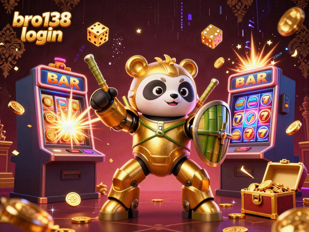 Join the excitement at bro138 login as a golden panda navigates a thrilling jackpot explosion amidst casino game symbols.