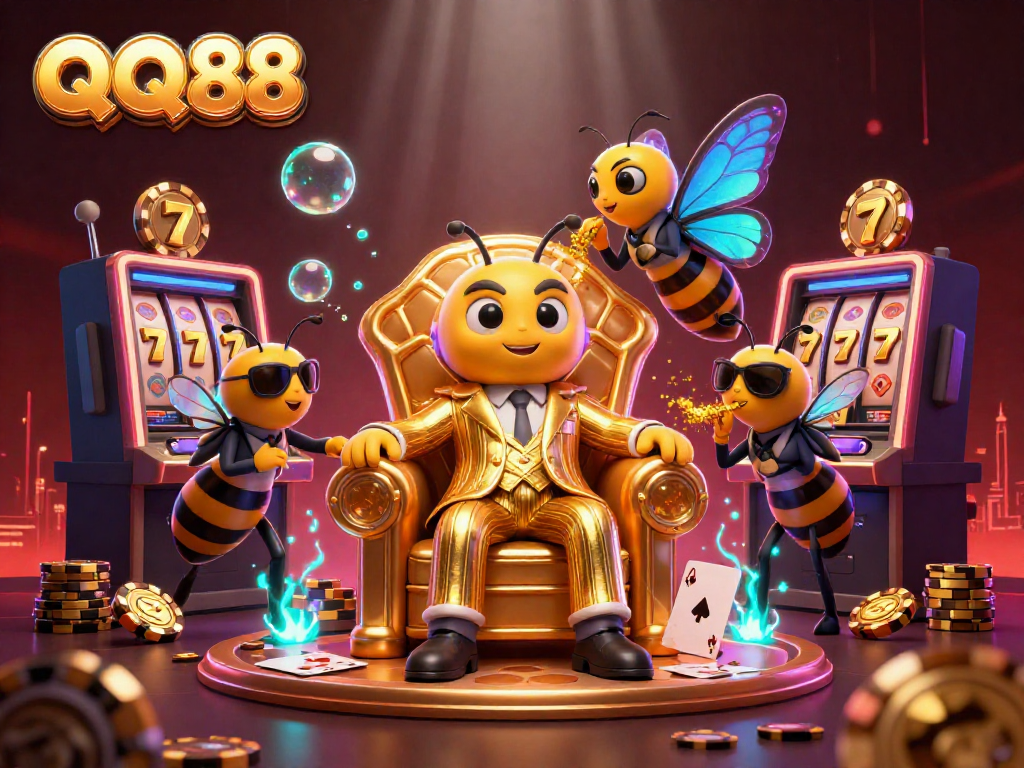 Engage with QQ88's thrilling 3D casino scene featuring a bumblebee mob boss and dynamic gaming elements.