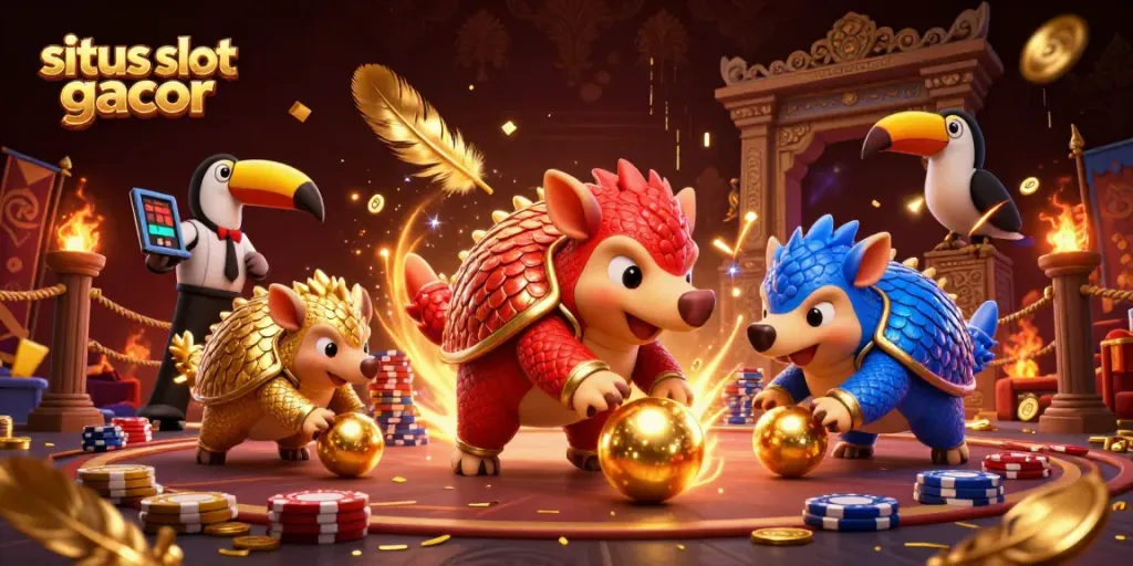 Join the excitement with situs slot gacor as rival pangolins battle amid gold coins and poker chips.