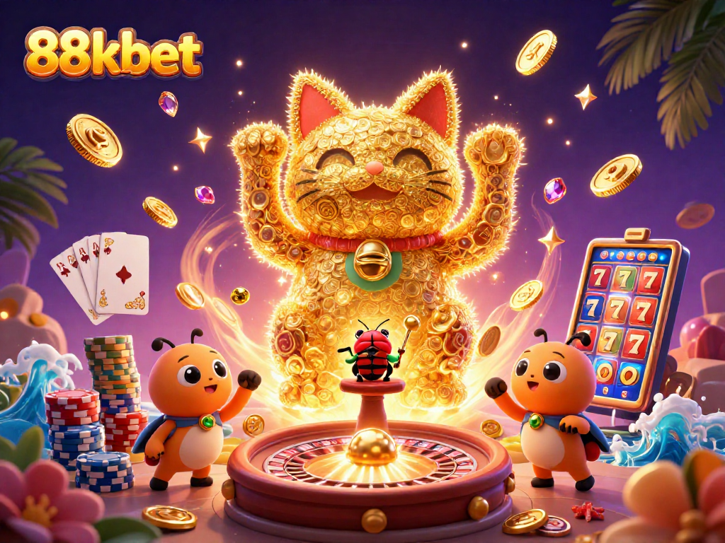 Engage with 88kbet's vibrant casino world featuring a lucky cat, dynamic game elements, and sparkling treasures.