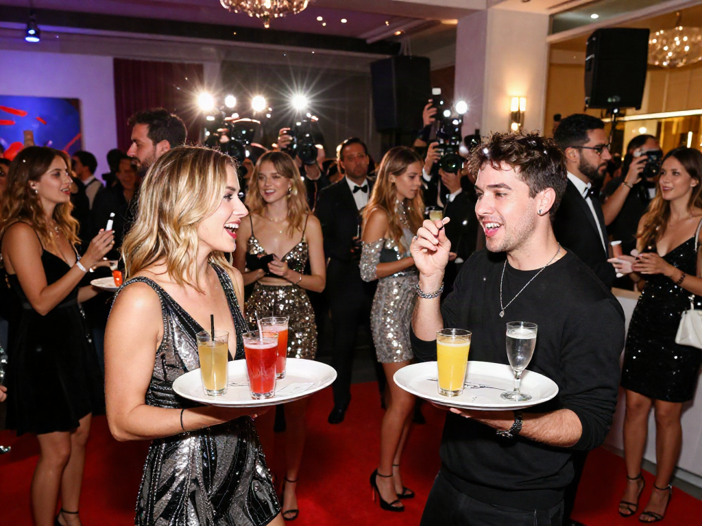 Two celebrities that look alike at a glamorous event with a festive atmosphere.