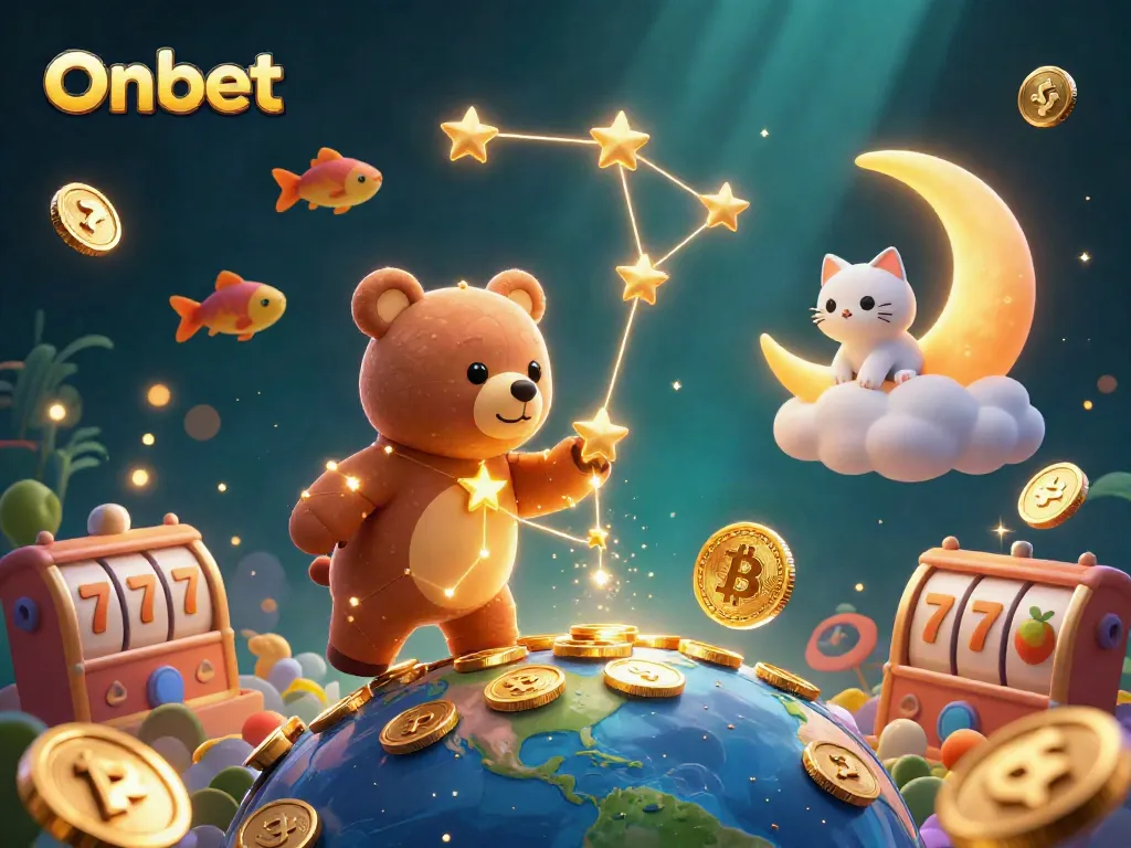 Play Onbet's exciting casino games as a constellation bear gathers shimmering coins in an illustrated night sky.