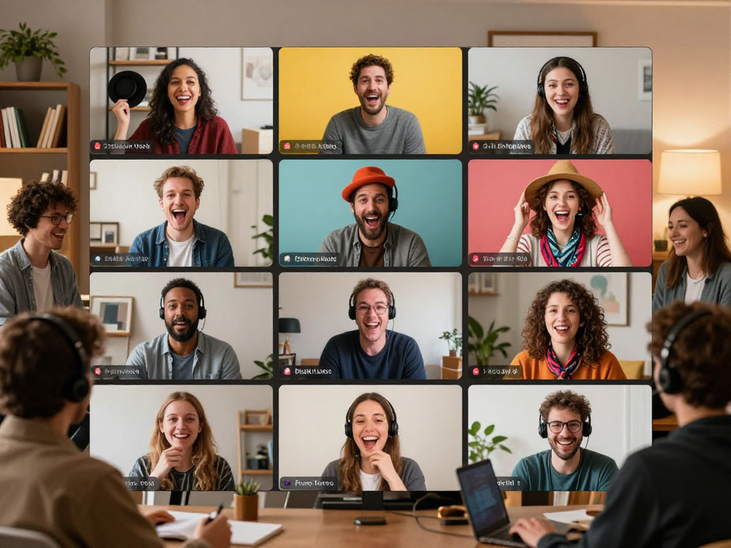 Adults enjoying online improv classes for adults in lively virtual meeting.