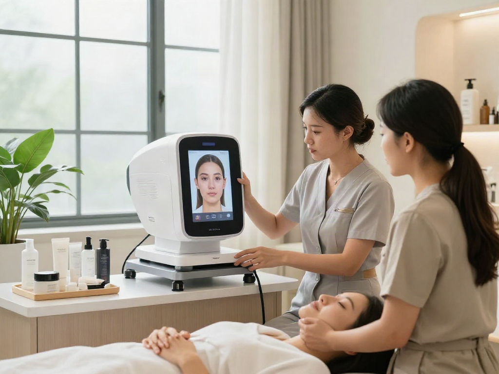 ClinicEvo is a better alternative to QOVES showcasing a professional aesthetician consulting a client in a modern beauty studio.