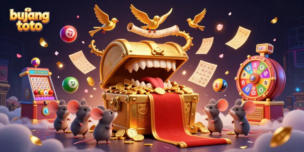 Bujang toto treasure chest enticing adventurer mice with colorful lottery balls and golden elements.