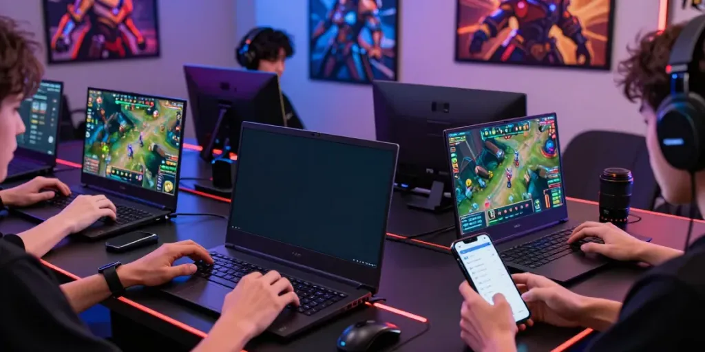 Engaged players in an online gaming session, showcasing singatoto login on various devices in a modern gaming setup.