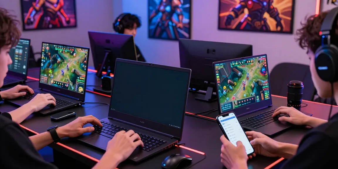 Engaged players in an online gaming session, showcasing singatoto login on various devices in a modern gaming setup.