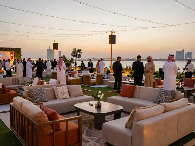 Event furniture rental setup for an outdoor gala in Riyadh with elegant lounge seating and scenic skyline.
