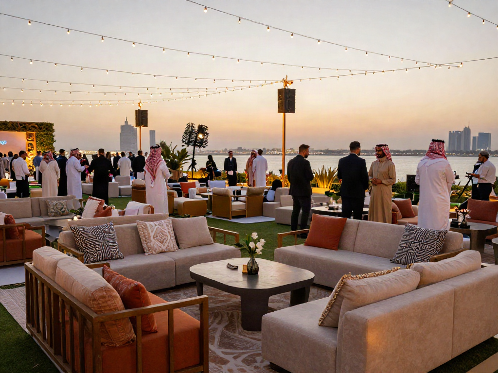 Event furniture rental setup for an outdoor gala in Riyadh with elegant lounge seating and scenic skyline.