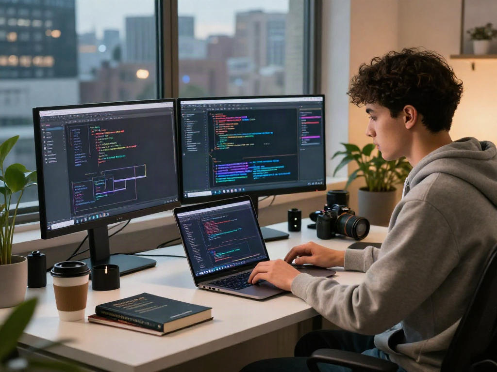 Pengembang perangkat lunak terfokus sedang menggunakan aplikasi 快连 di laptop modern dalam suasana kerja yang produktif.