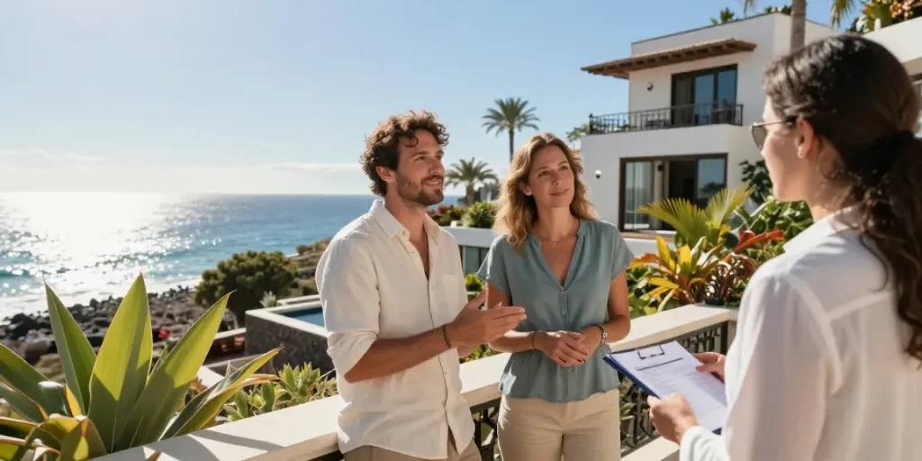 Cancasa investment discussion on a luxury villa terrace in Tenerife.