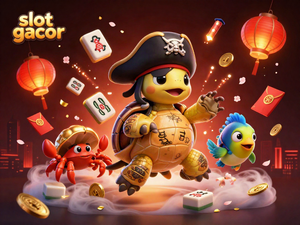Slot gacor adventure with pirate turtle and treasures in a vibrant casino scene