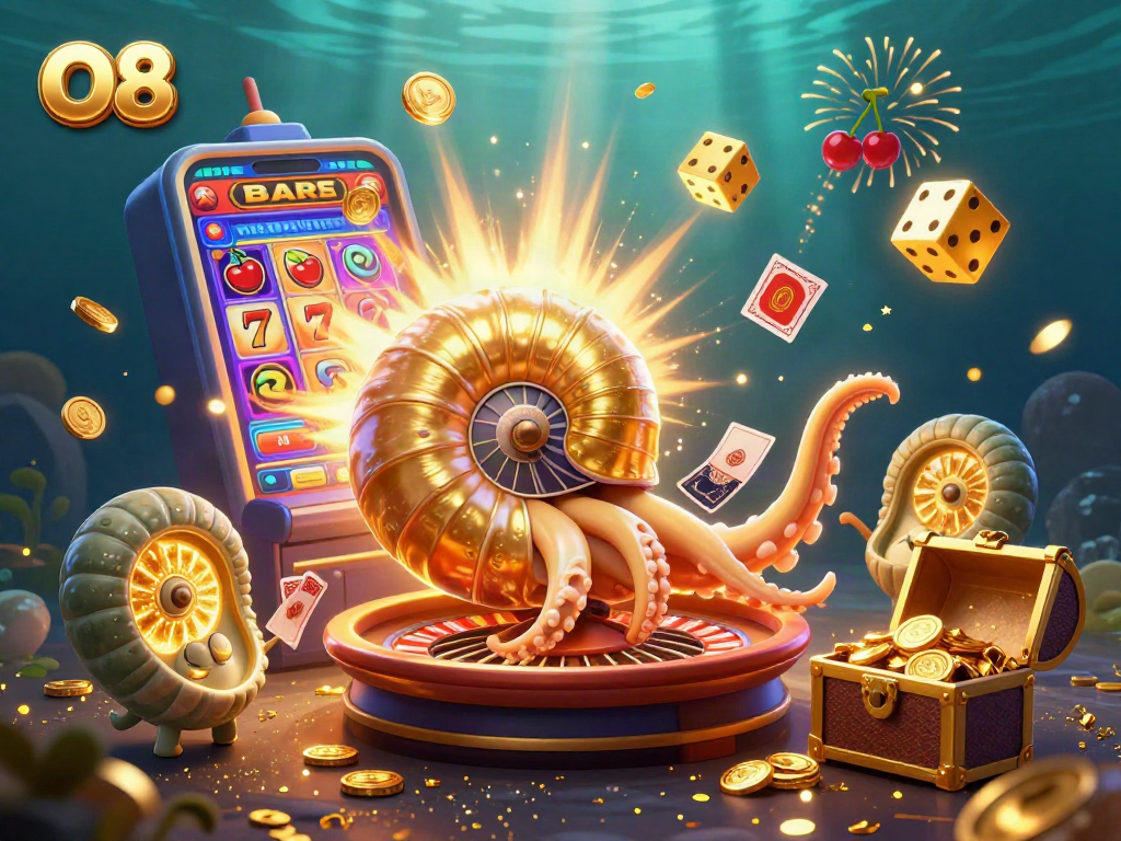 Experience the thrill of O8 casino entertainment with a vibrant 3D illustration of a golden roulette nautilus amidst slot machine action.