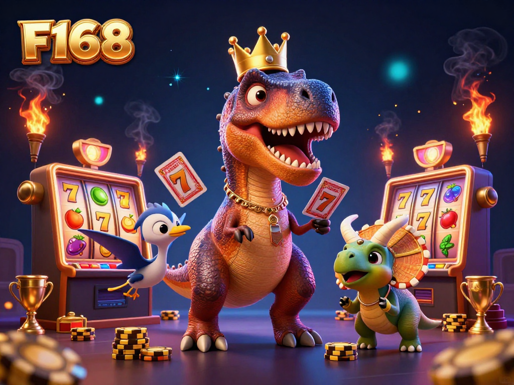 Join F168's exciting casino games with friendly dinosaurs and vibrant slots amidst a colorful backdrop.