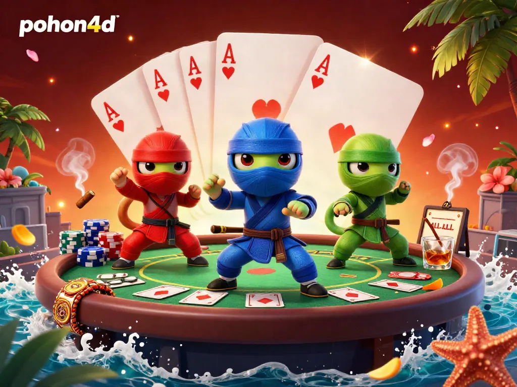 Experience thrilling poker action with pohon4d's 3D ninja chameleons showcasing synchronized martial arts on a vibrant gambling rooftop.