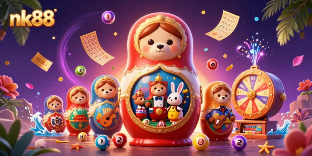 Engage with nk88's vibrant casino-themed illustration featuring playful characters and exciting gaming elements.