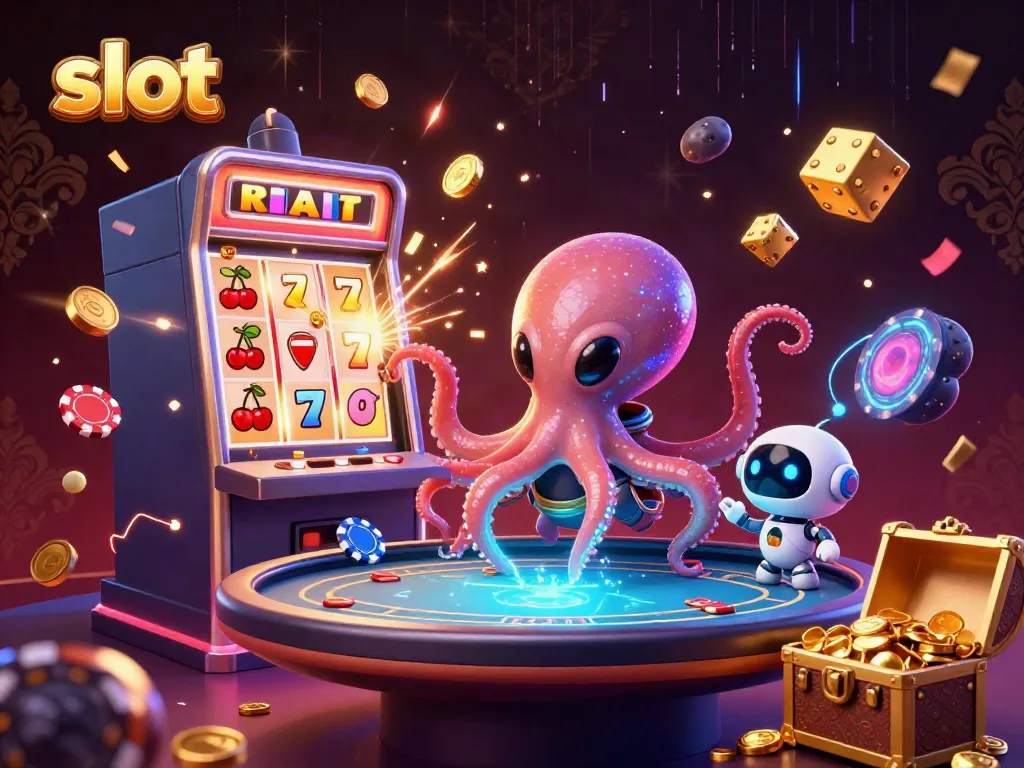 Engaging slot gaming scene with colorful characters, a massive slot machine, and dynamic casino elements.